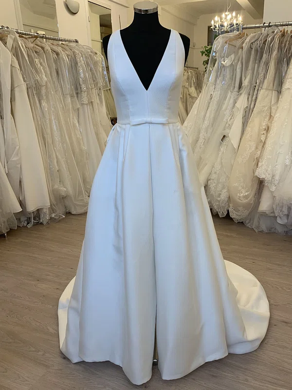 Ball Gown/Princess V-neck Satin Sweep Train Wedding Dress With Bow #UKM00028600