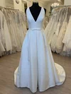 Ball Gown/Princess V-neck Satin Sweep Train Wedding Dress With Bow #UKM00028600