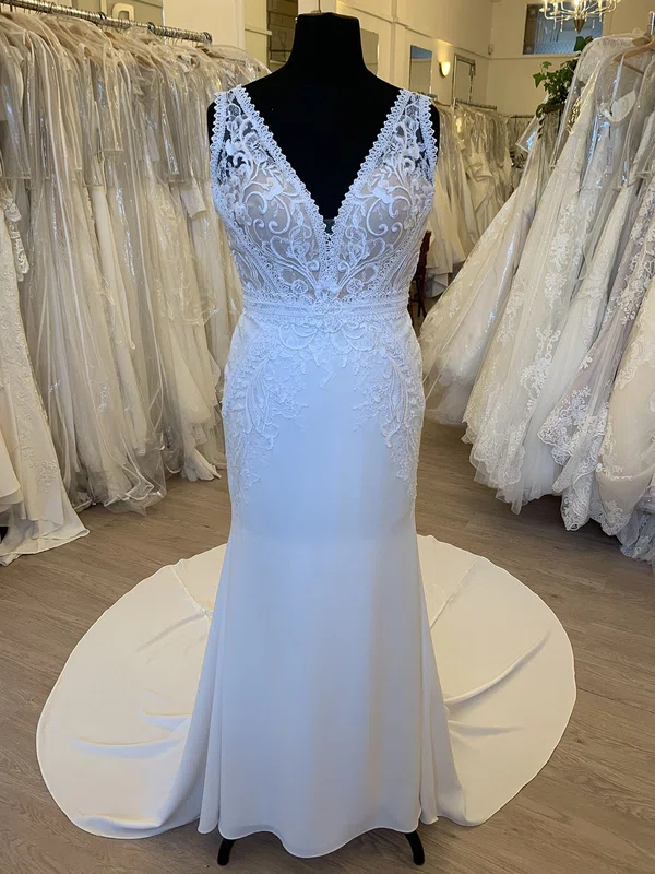 Sheath/Column V-neck Satin Chiffon Court Train Wedding Dress With Appliques Lace #UKM00028602