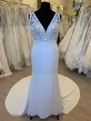 Sheath/Column V-neck Satin Chiffon Court Train Wedding Dress With Appliques Lace #UKM00028602