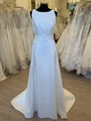 A-line Scoop Neck Satin Sweep Train Wedding Dress #UKM00028603