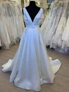Ball Gown/Princess V-neck Satin Court Train Wedding Dress With Appliques Lace #UKM00028604