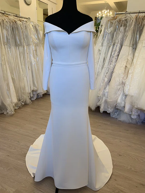 Sheath/Column Off-the-shoulder Stretch Crepe Sweep Train Wedding Dress #UKM00028605