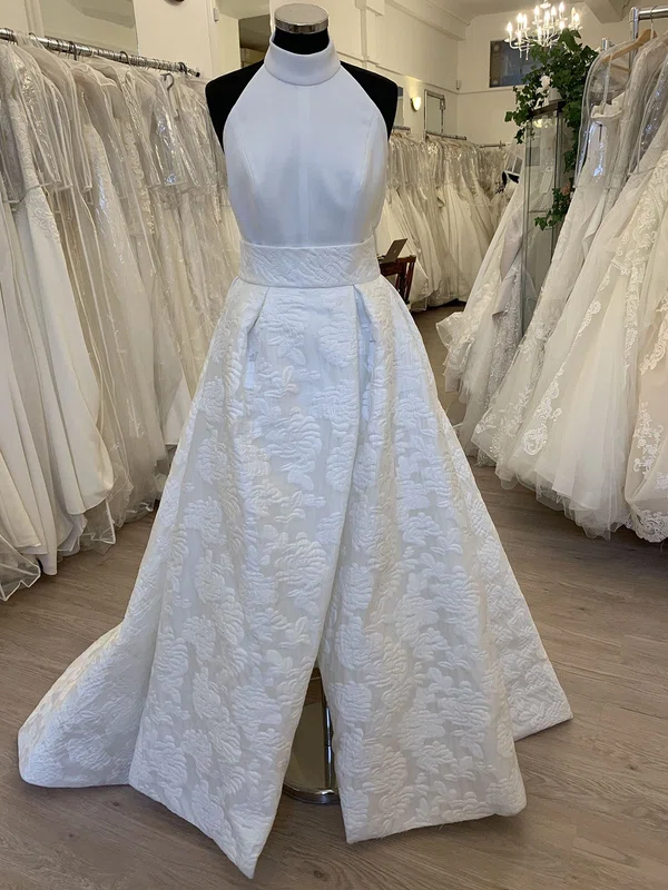 Ball Gown/Princess Halter Satin Sweep Train Wedding Dress With Split Front #UKM00028610