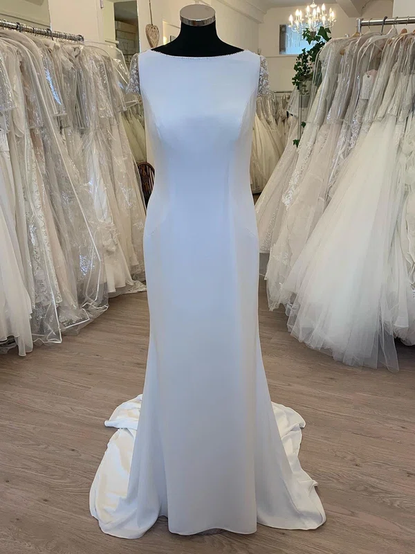 Sheath/Column Scoop Neck Chiffon Sweep Train Wedding Dress With Beading #UKM00028611