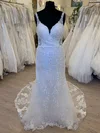 Sheath/Column Sweetheart Tulle Sweep Train Wedding Dress With Appliques Lace #UKM00028615
