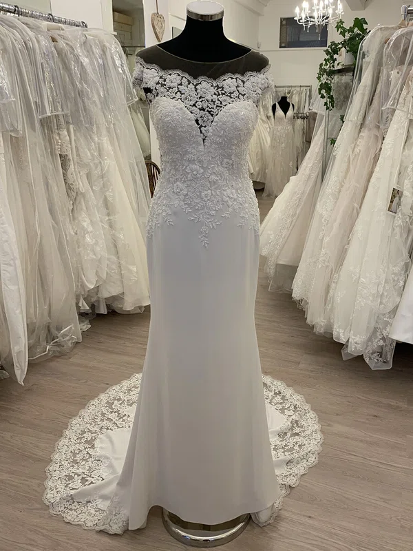 Sheath/Column Illusion Stretch Crepe Sweep Train Wedding Dress With Pearl Detailing #UKM00028616