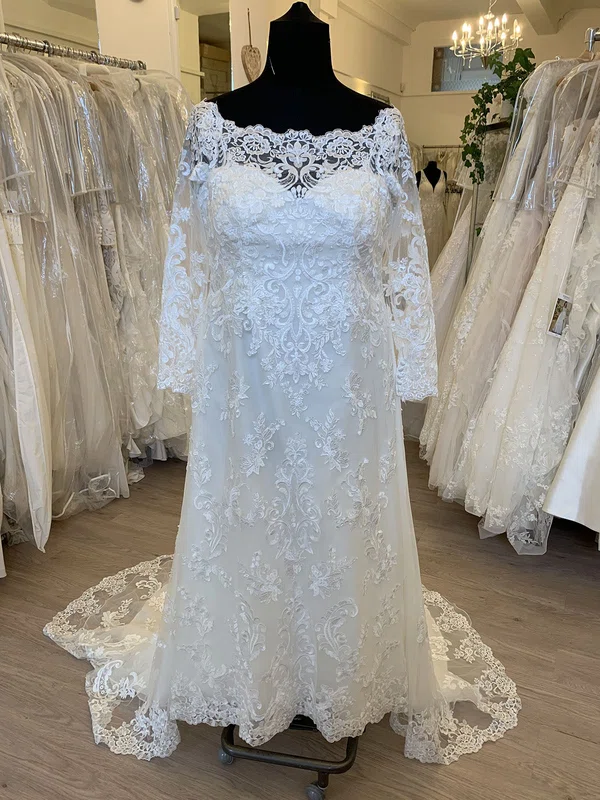Sheath/Column Illusion Lace Tulle Sweep Train Wedding Dress With Appliques Lace #UKM00028617