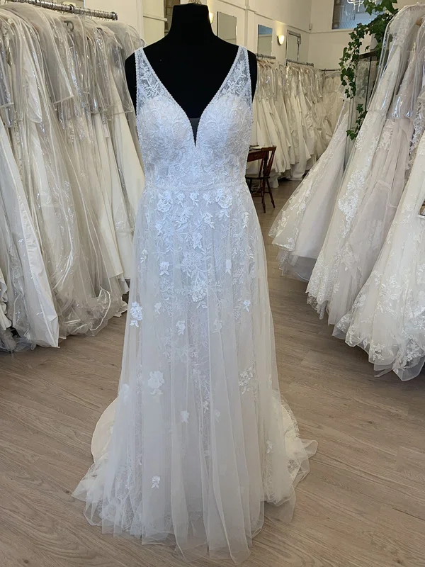 A-line V-neck Lace Tulle Sweep Train Wedding Dress With Pearl Detailing #UKM00028618