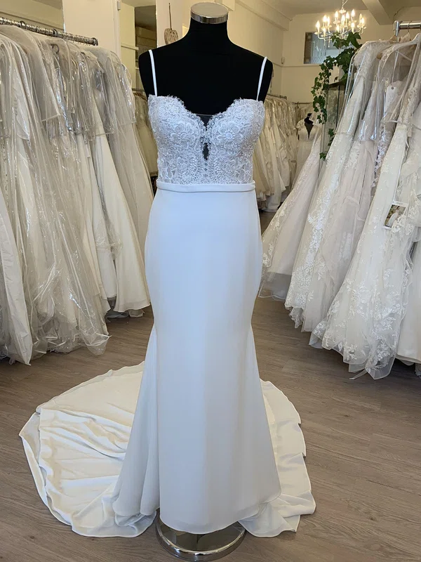 Sheath/Column Sweetheart Chiffon Sweep Train Wedding Dress With Appliques Lace #UKM00028619