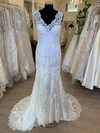Sheath/Column V-neck Tulle Lace Sweep Train Wedding Dress With Appliques Lace #UKM00028620