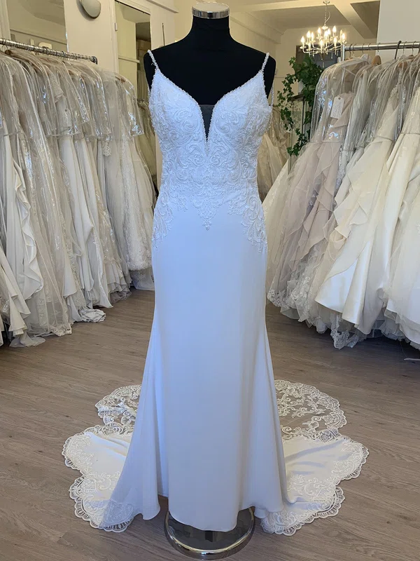 Sheath/Column V-neck Stretch Crepe Sweep Train Wedding Dress With Appliques Lace #UKM00028623