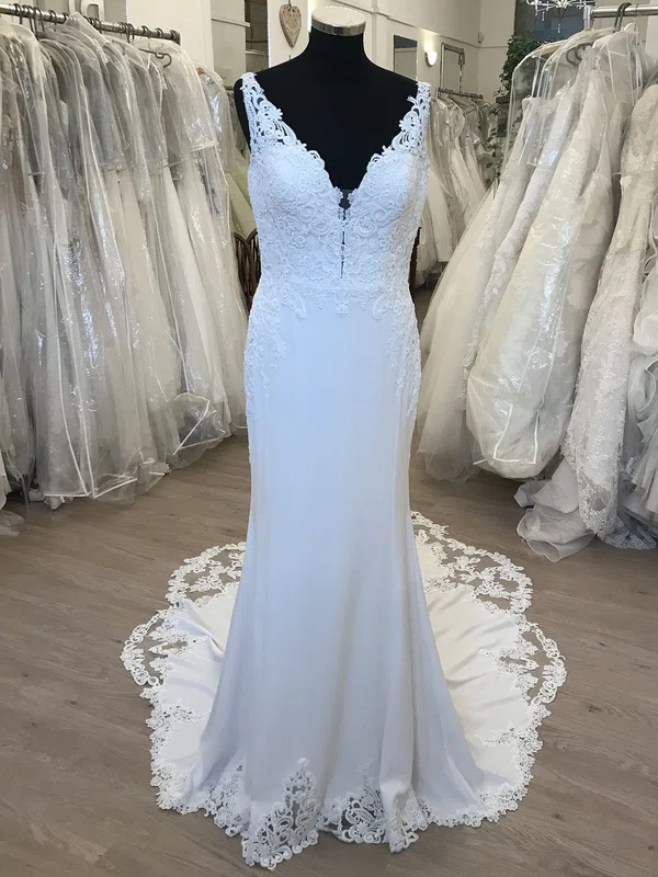 Sheath/Column V-neck Stretch Crepe Sweep Train Wedding Dress With Appliques Lace #UKM00028625
