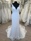 Sheath/Column V-neck Stretch Crepe Sweep Train Wedding Dress With Appliques Lace #UKM00028625