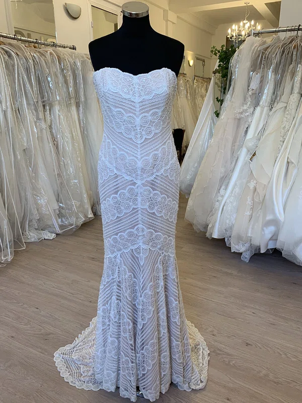 Sheath/Column Sweetheart Lace Sweep Train Wedding Dress #UKM00028626