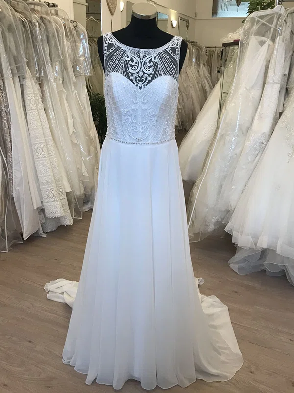 A-line Illusion Chiffon Sweep Train Wedding Dress With Pearl Detailing #UKM00028627