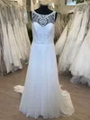 A-line Illusion Chiffon Sweep Train Wedding Dress With Pearl Detailing #UKM00028627