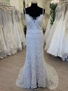Sheath/Column V-neck Lace Sweep Train Wedding Dress #UKM00028628