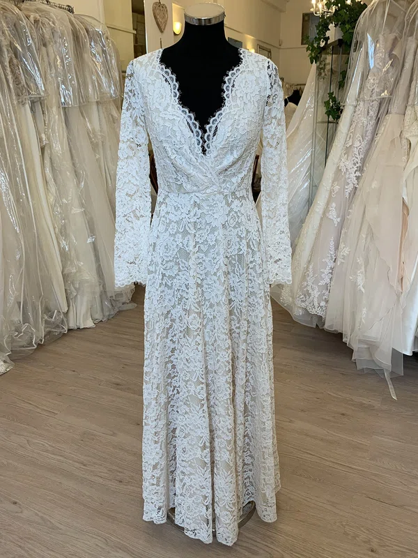 A-line V-neck Lace Floor-length Wedding Dress With Appliques Lace #UKM00028636