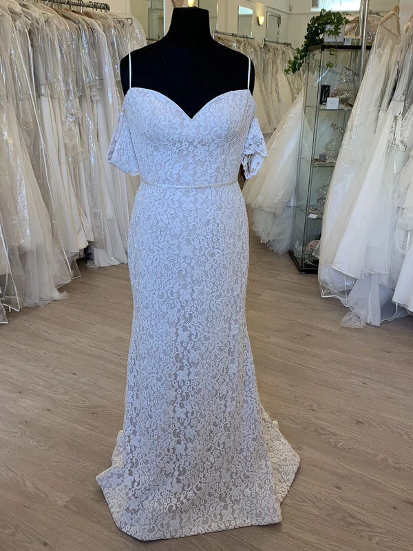 Sheath/Column V-neck Lace Sweep Train Wedding Dress With Pearl Detailing #UKM00028637