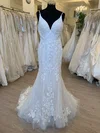 Trumpet/Mermaid V-neck Lace Tulle Sweep Train Wedding Dress With Appliques Lace #UKM00028639