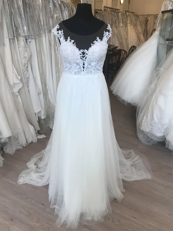 A-line Illusion Tulle Sweep Train Wedding Dress With Ruched #UKM00028640