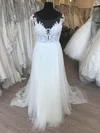 A-line Illusion Tulle Sweep Train Wedding Dress With Ruched #UKM00028640