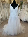 A-line V-neck Tulle Sweep Train Wedding Dress With Ruched #UKM00028641