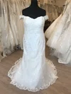 Sheath/Column Off-the-shoulder Tulle Sweep Train Wedding Dress With Appliques Lace #UKM00028642