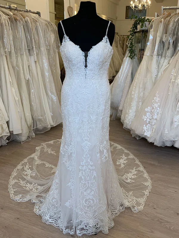 Sheath/Column V-neck Tulle Sweep Train Wedding Dress With Pearl Detailing #UKM00028644