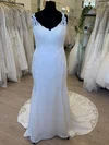 Trumpet/Mermaid V-neck Stretch Crepe Sweep Train Wedding Dress With Appliques Lace #UKM00028645