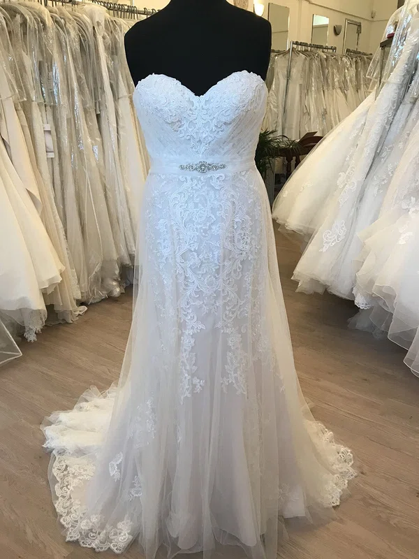 Sheath/Column Sweetheart Tulle Lace Sweep Train Wedding Dress With Beading #UKM00028647