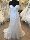 Sheath/Column Sweetheart Tulle Lace Sweep Train Wedding Dress With Beading #UKM00028647
