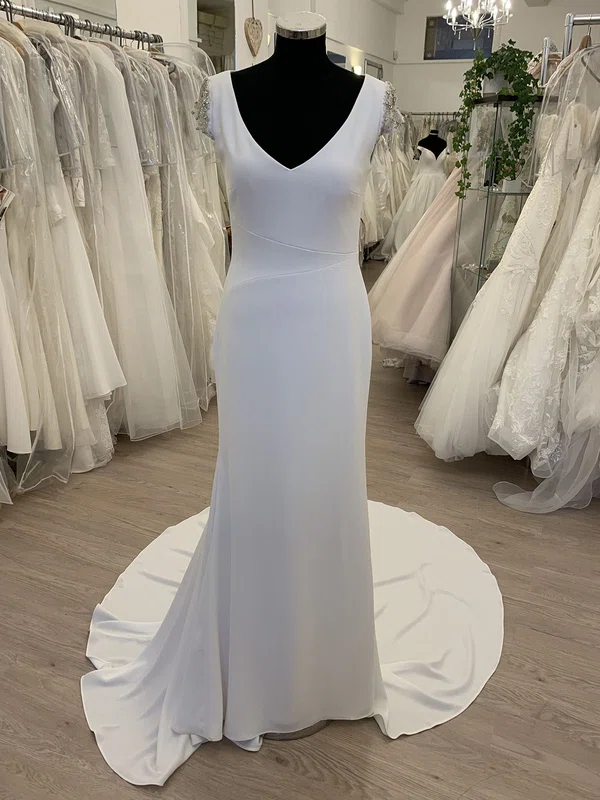Sheath/Column V-neck Stretch Crepe Sweep Train Wedding Dress With Beading #UKM00028650