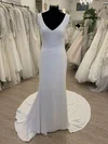 Sheath/Column V-neck Stretch Crepe Sweep Train Wedding Dress With Beading #UKM00028650