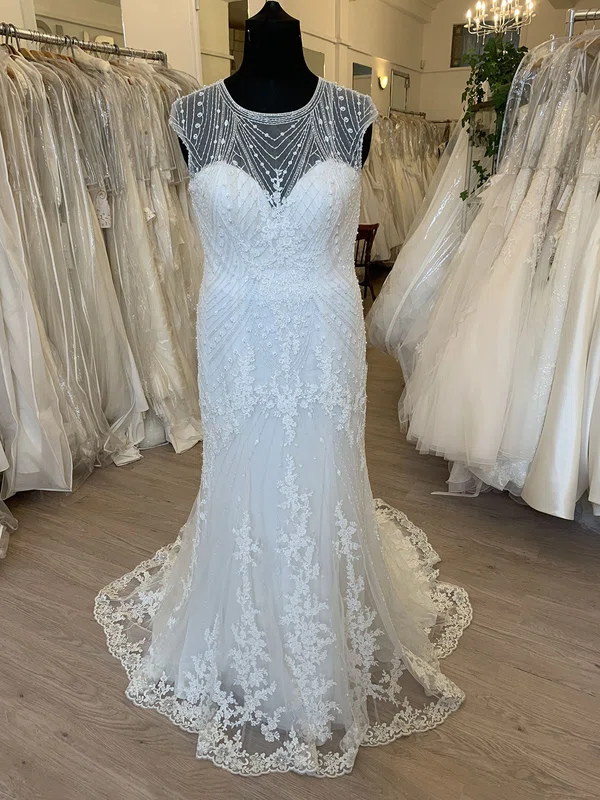 Sheath/Column Illusion Tulle Sweep Train Wedding Dress With Pearl Detailing #UKM00028651