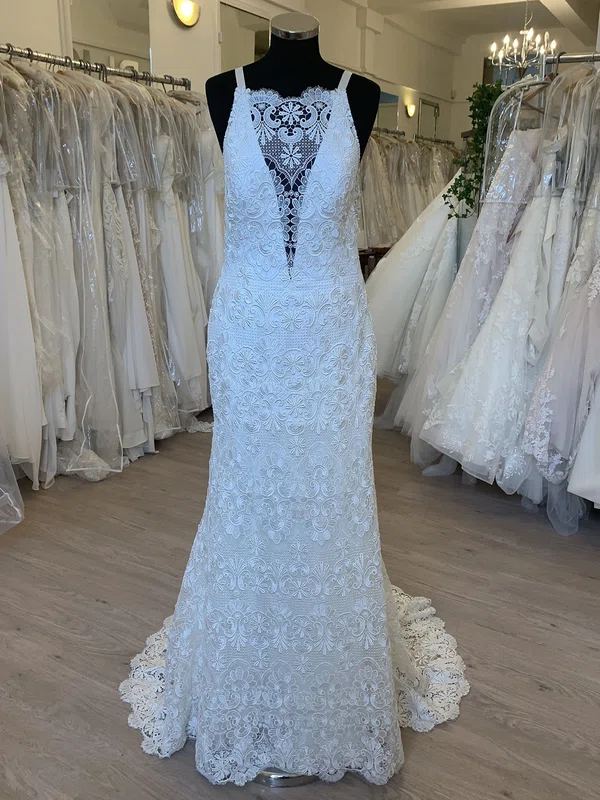 Sheath/Column Illusion Lace Sweep Train Wedding Dress With Appliques Lace #UKM00028652