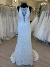 Sheath/Column Illusion Lace Sweep Train Wedding Dress With Appliques Lace #UKM00028652