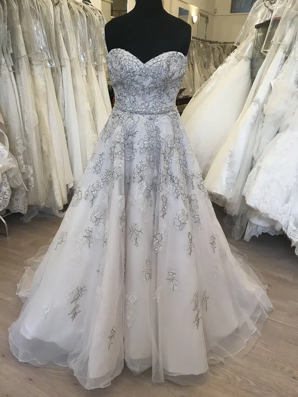 Ball Gown/Princess Sweetheart Lace Tulle Sweep Train Wedding Dress With Flower(s) #UKM00028653