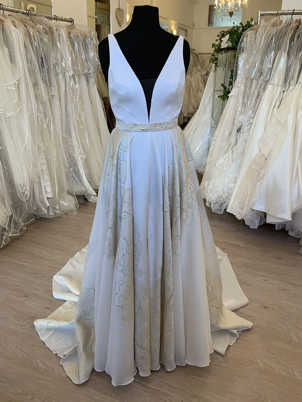 A-line V-neck Satin Sweep Train Wedding Dress With Bow #UKM00028654