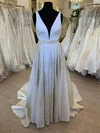 A-line V-neck Satin Sweep Train Wedding Dress With Bow #UKM00028654
