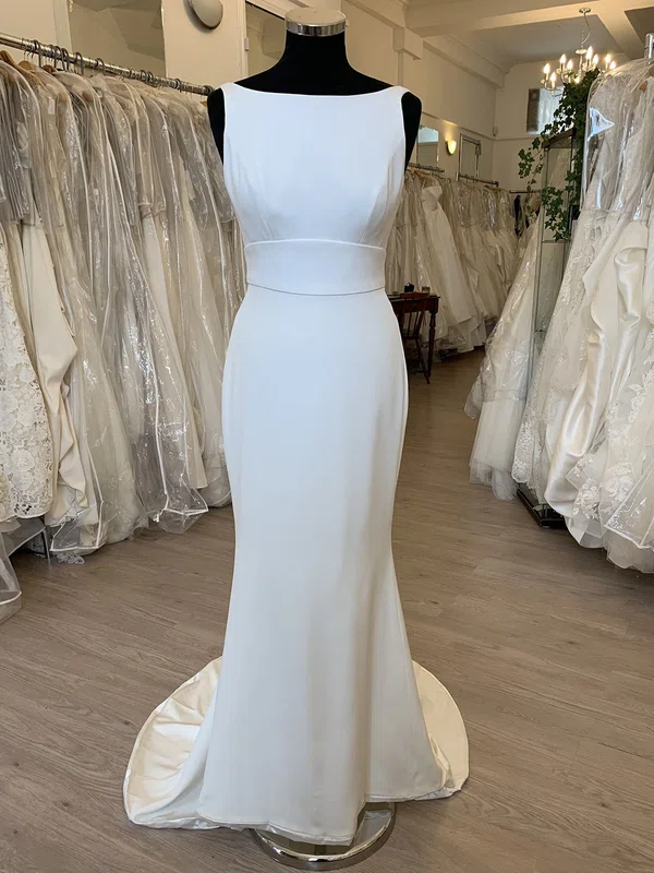 Trumpet/Mermaid Scoop Neck Stretch Crepe Sweep Train Wedding Dress With Appliques Lace #UKM00028656