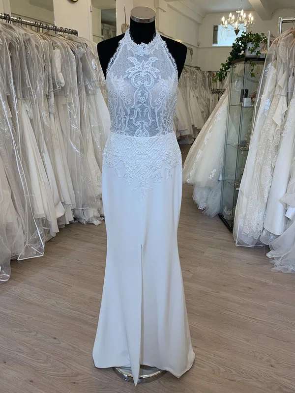 Sheath/Column High Neck Stretch Crepe Floor-length Wedding Dress With Split Front #UKM00028659
