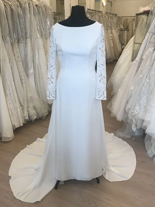 Sheath/Column Scoop Neck Satin Chiffon Sweep Train Wedding Dress #UKM00028660