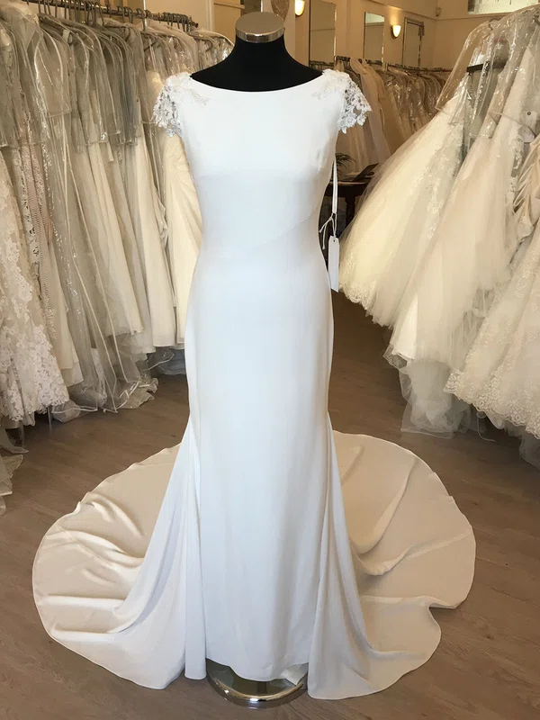 Sheath/Column Scoop Neck Stretch Crepe Sweep Train Wedding Dress With Appliques Lace #UKM00028661