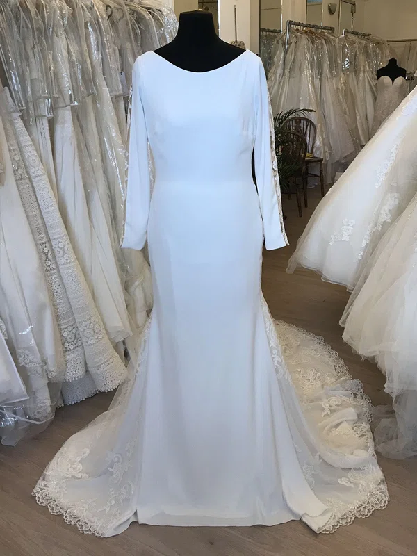Sheath/Column Scoop Neck Chiffon Sweep Train Wedding Dress With Appliques Lace #UKM00028662
