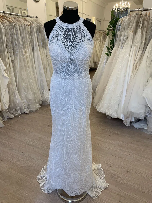 Sheath/Column Scoop Neck Lace Sweep Train Wedding Dress With Pearl Detailing #UKM00028664