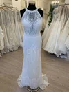 Sheath/Column Scoop Neck Lace Sweep Train Wedding Dress With Pearl Detailing #UKM00028664