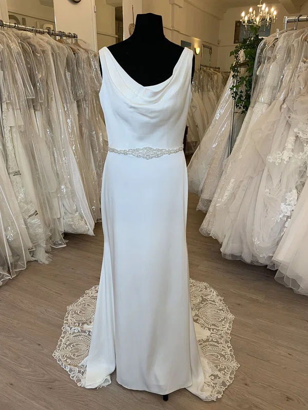 Sheath/Column Cowl Neck Stretch Crepe Sweep Train Wedding Dress With Pearl Detailing #UKM00028666