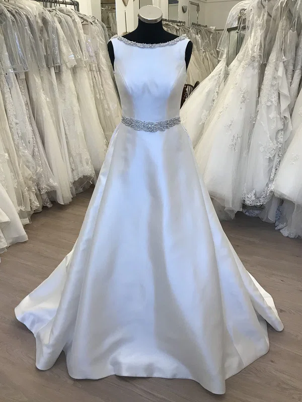 Ball Gown/Princess Scoop Neck Satin Sweep Train Wedding Dress With Beading #UKM00028669